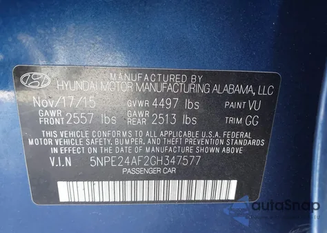 2016 Hyundai Sonata Se z USA, uszkodzony, nr VIN 5NPE24AF2GH347577